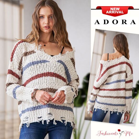 ADORA Frayed Edge V-Neckline Stripe Pattern Relaxed Fit Pullover Sweater | Beige - Picture 1 of 8